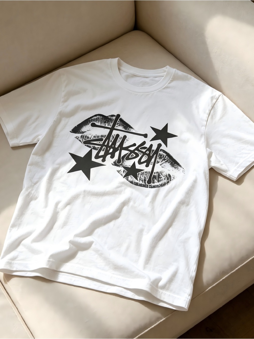 Stussy Lips Star Graphic Retro Streetwear White Women Men T-shirt Unisex
